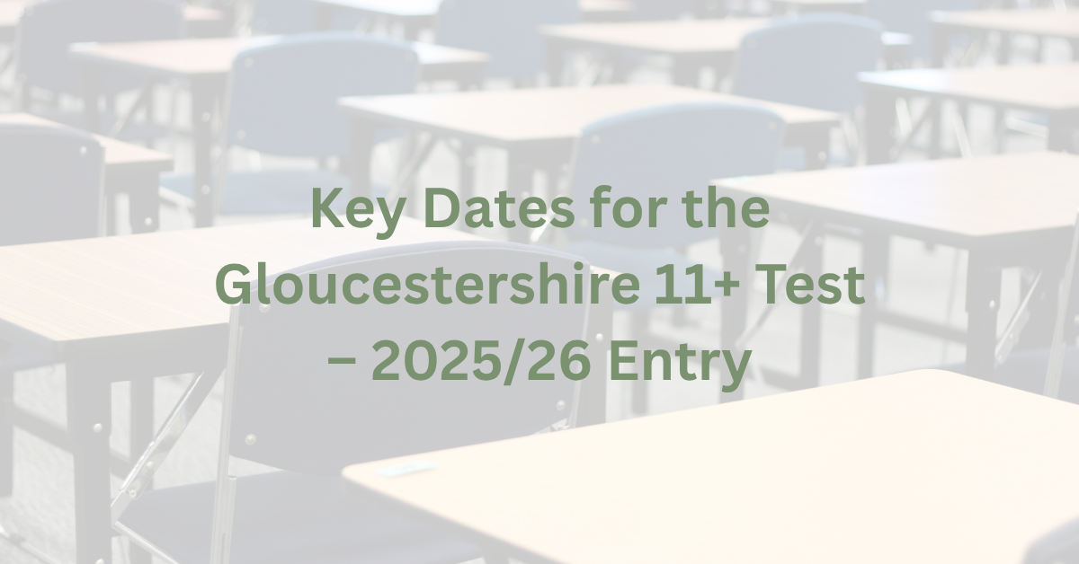 Room with pupil desks and chairs faded into the background. Green writing on top in for foreground